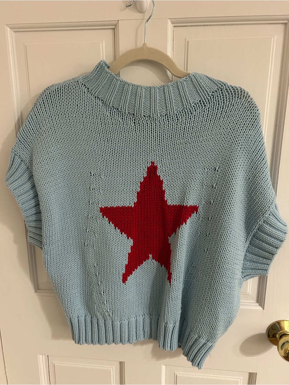 Maeve Light Blue Knit Crewneck Sweater with Red Star